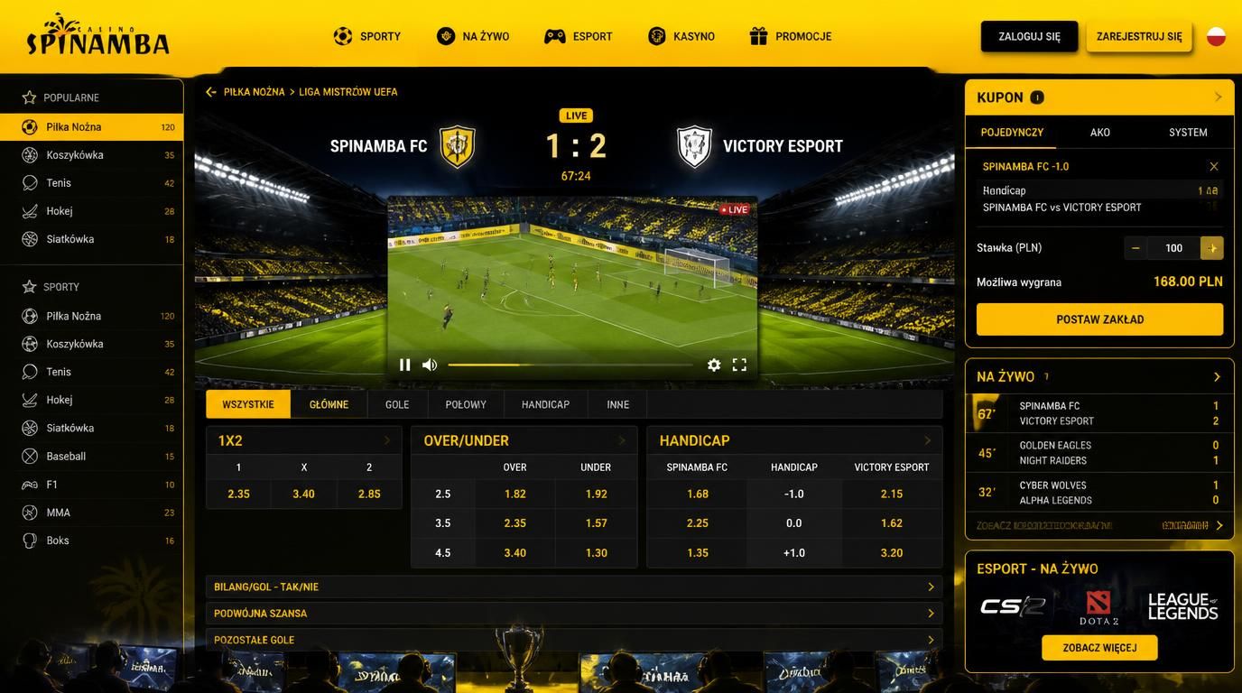 Pomysł: stadion piłkarski nocą + zakłady over/under i handicap + transmisja meczu live + e-sport + dynamiczne kursy na ekranie