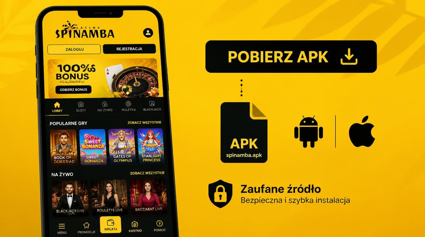 smartfon z przyciskiem pobierz apk i symbolem Android/iOS, ikona zabezpieczenia, motyw kasyna Spinamba