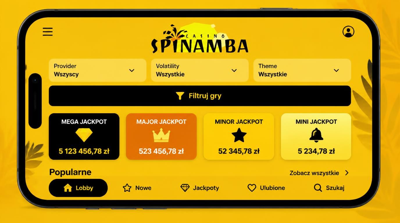 ekran z filtrami dostawcy, zmienności, motywów oraz ikony jackpota