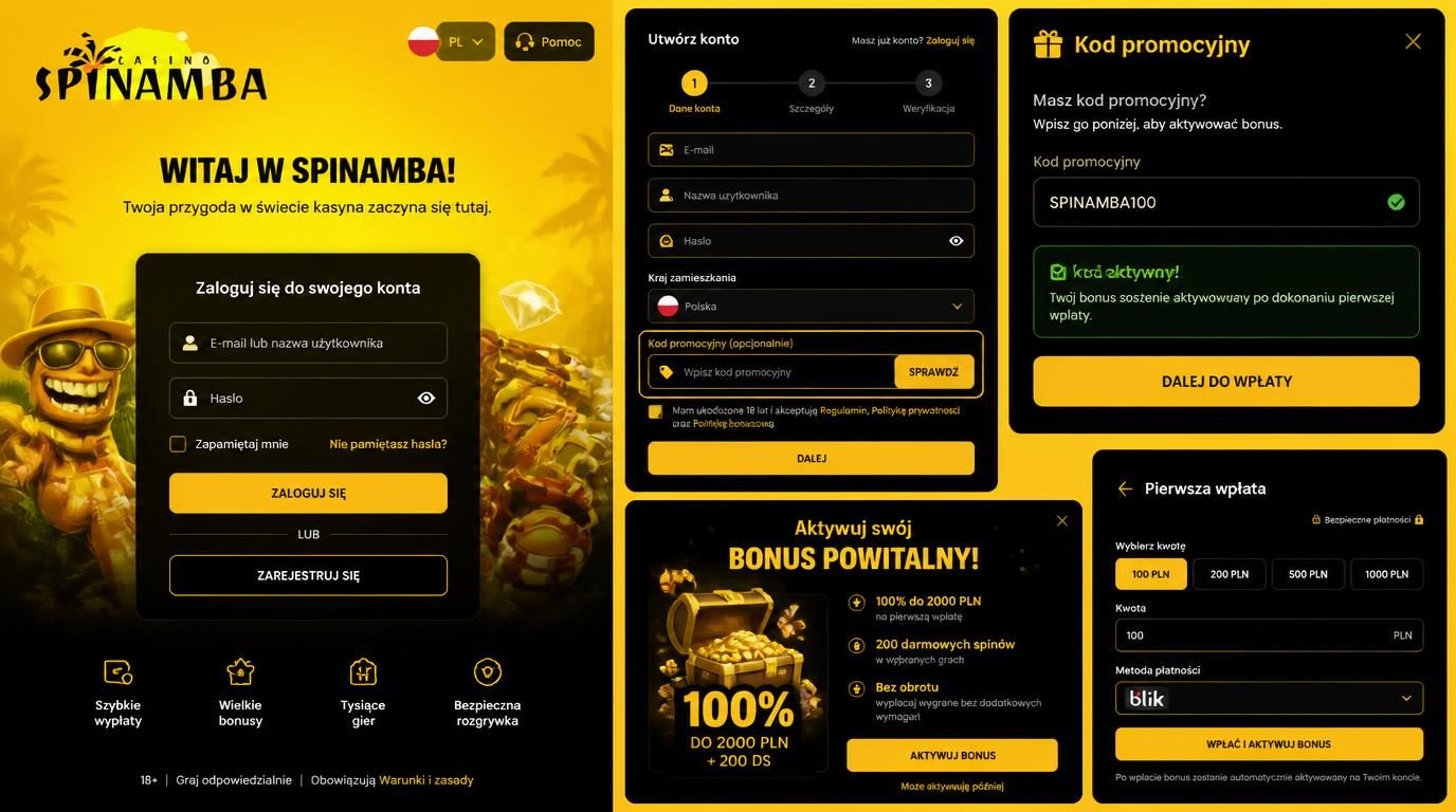 Formularz rejestracyjny Spinamba z polem „Promo Code” / „Bonus” na tle kasyna online