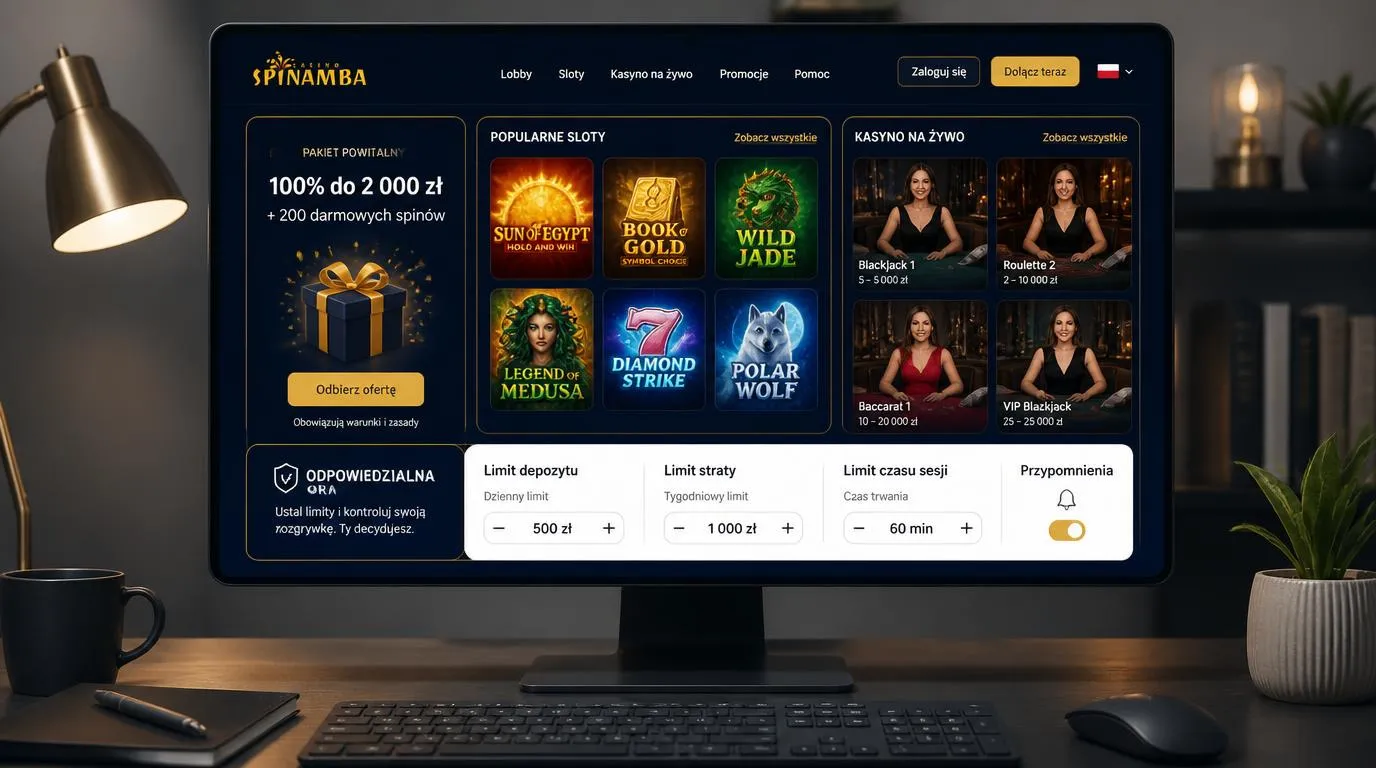 Panel oferty powitalnej obok katalogu automatów i gier z krupierem oraz ustawień limitów gry