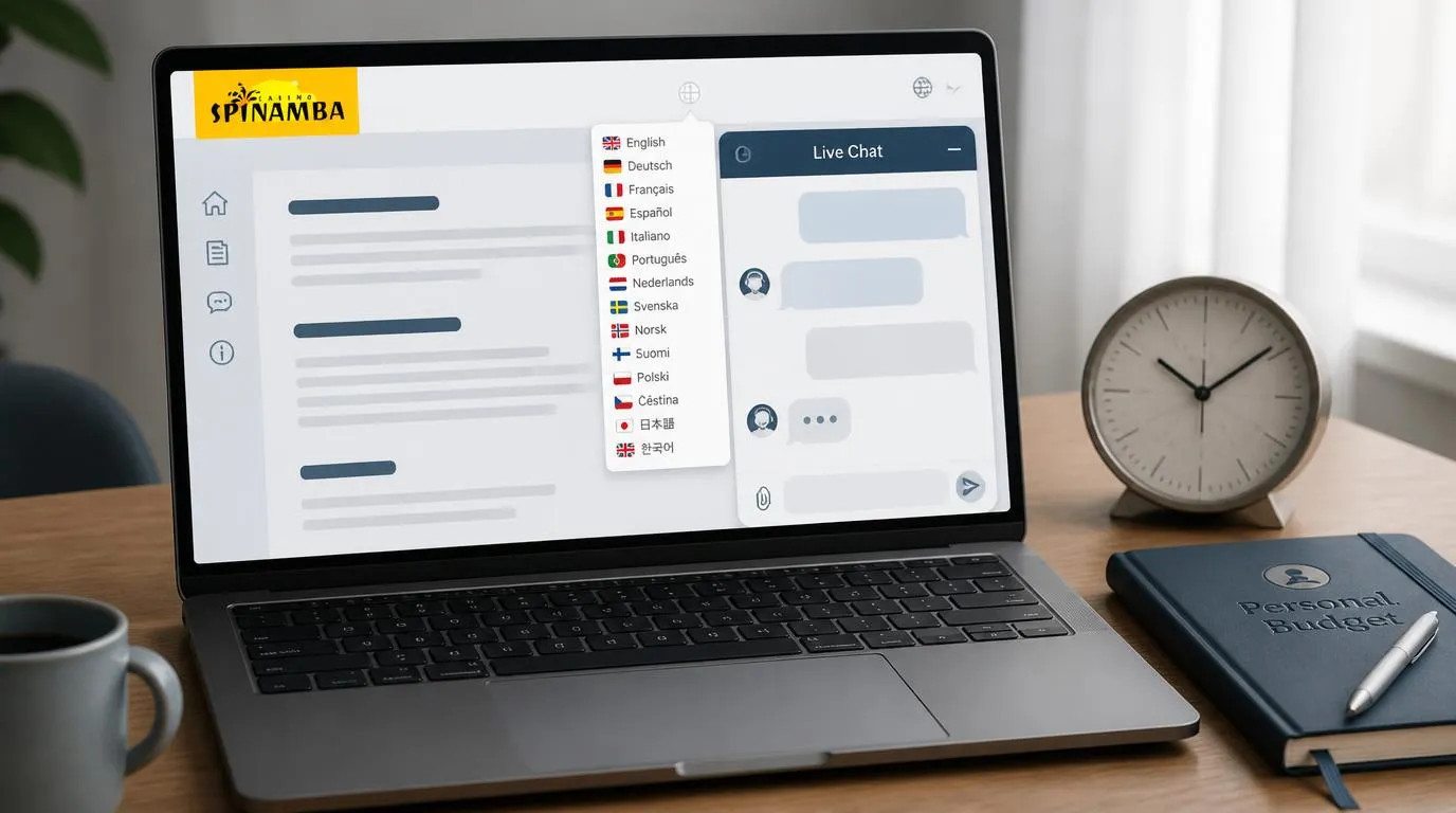 Laptop z panelem wyboru języka i czatem obsługi obok zegara przypominającego o czasie gry